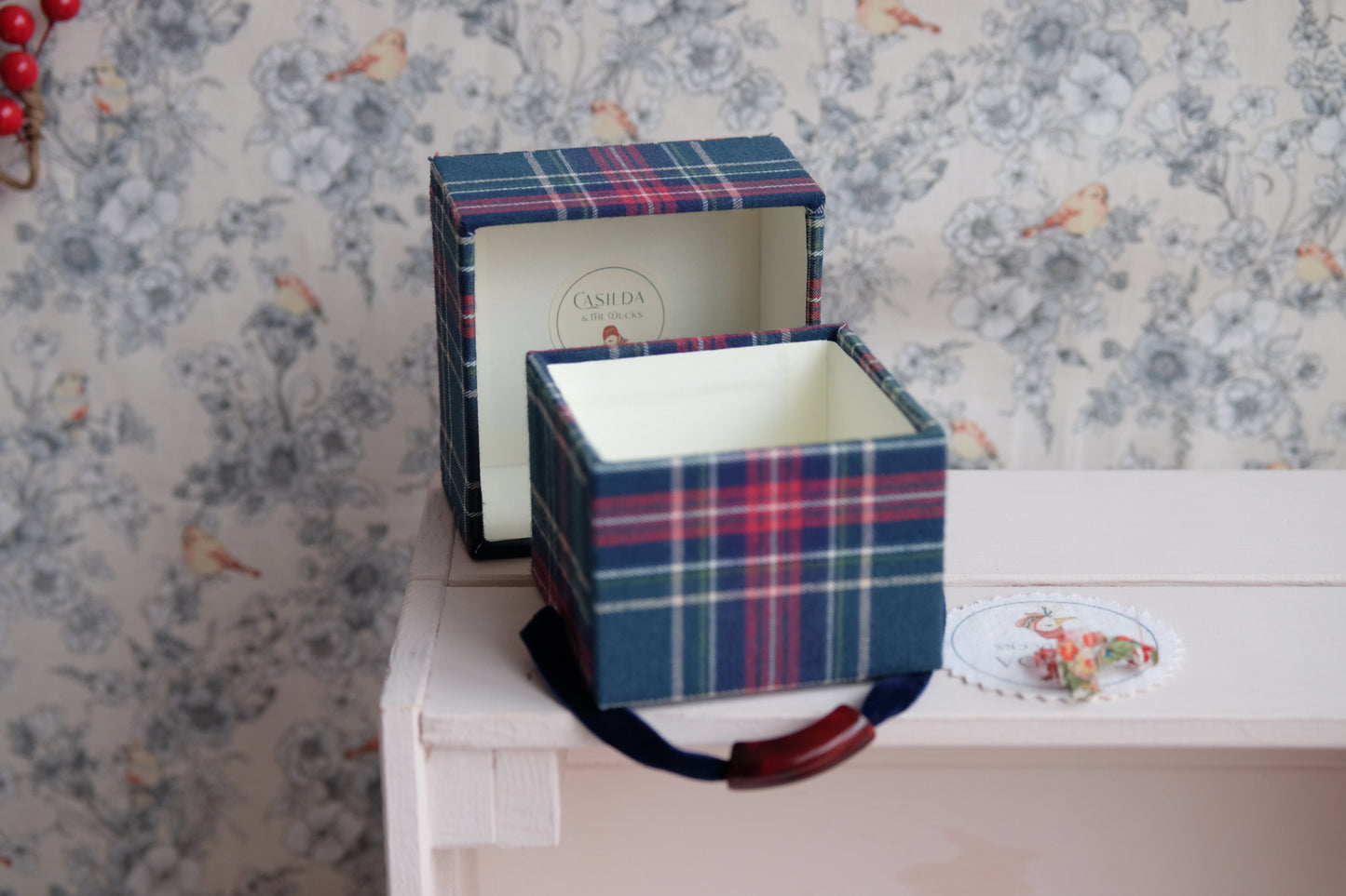 Mini joyero de viaje entelado con estampado escocés