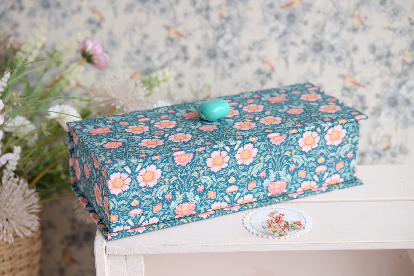 Caja joyero entelado con tela de William Morris